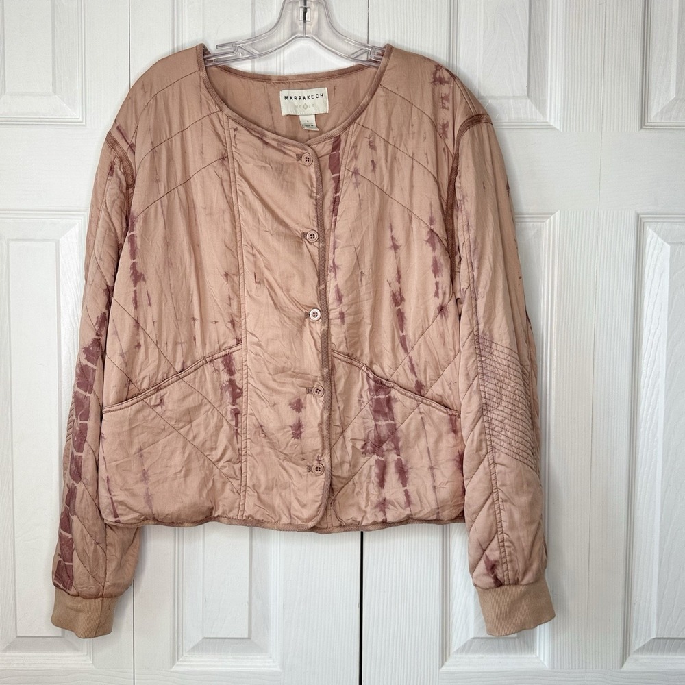 Anthropologie Marrakech Quilted Jacket L Pink Tie Dye Bomber Moto Chore Boho